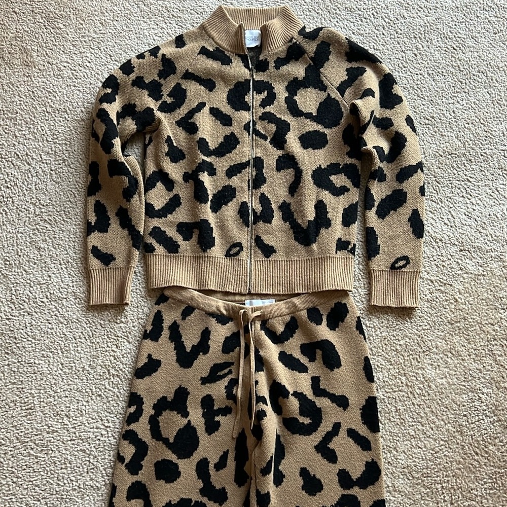 🔥 MADELEINE THOMPSON Animal Print Mock Neck Zip Up Sweater and Pants Size S